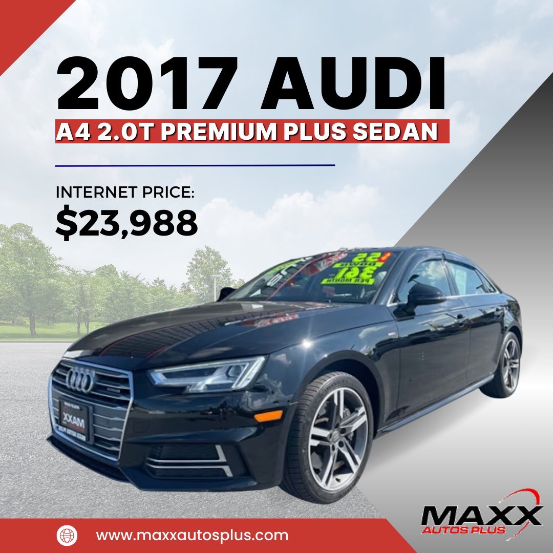 maxxautosplus's tweet image. Experience the blend of performance and efficiency in the 2017 Audi A4 2.0T Premium Plus Sedan. With just 72,683 miles on the odometer and with an impressive fuel economy of 24/31 MPG City/Hwy. Curious about how it feels on the road? Consider taking it for a spin. #MaxxAutoPlus