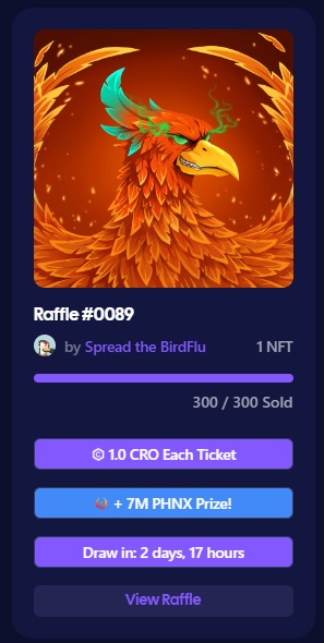 NestXNFT's tweet photo. https://t.co/lGp1fYu2iV raffles just became even sweeter! 😈

We added Ver. 1 of custom token support 🎉
Now you can add #CRO and #PHNX as a reward with your NFTs! More Phenix Syndicate tokens will be added as an option in following weeks...

🔹 User created raffles
🔹 Customisable ticket price and number
🔹 Up to 20 NFTs from multiple collections in a single go
🔹 Custom token reward support
🔹 More upgrades to come... 👀

Want to join the Phenix Syndicate? 
DM us or @phenixfinance to start the KYC process!