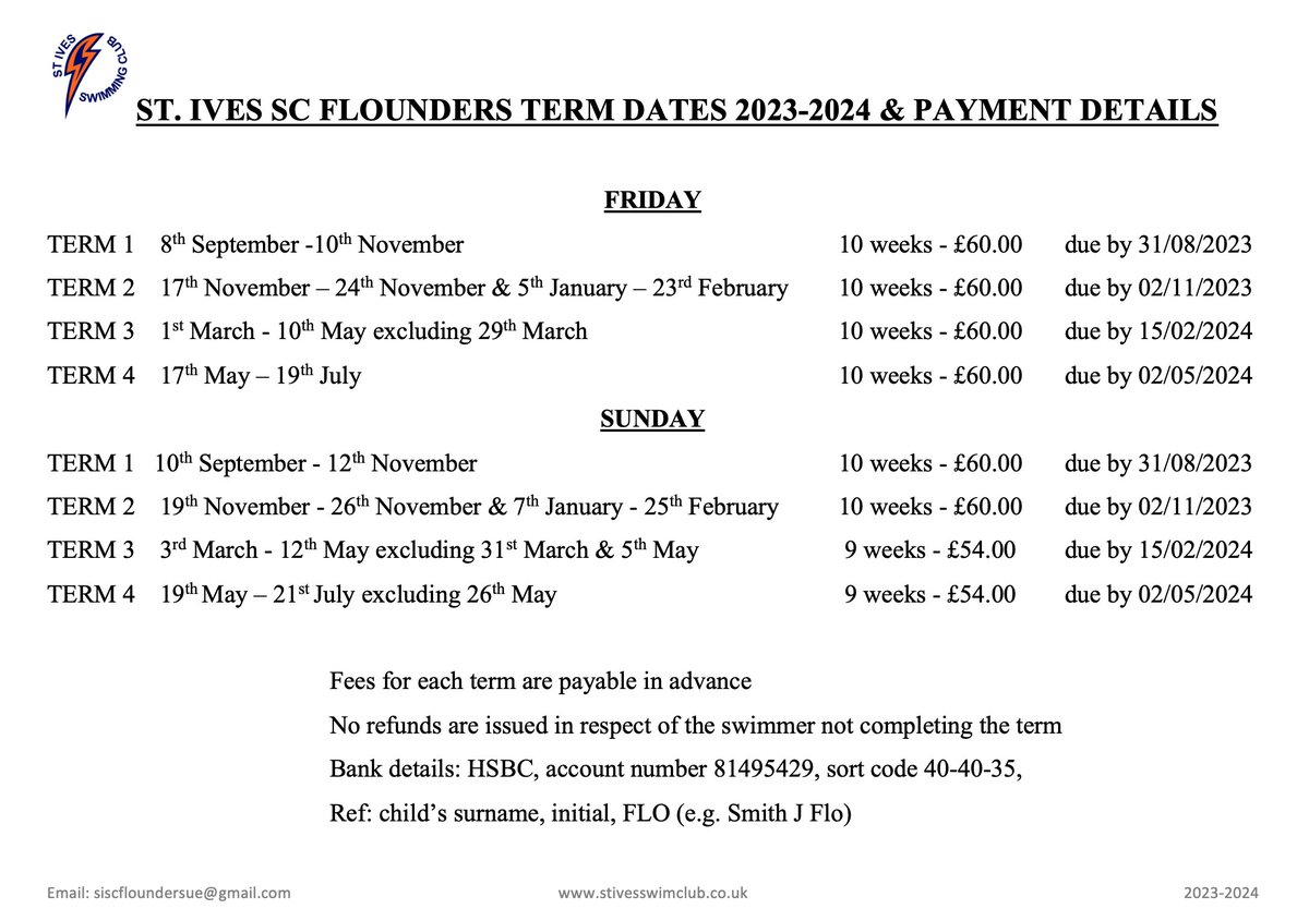 Learn to Swim - Flounders Term dates for 2023-2024