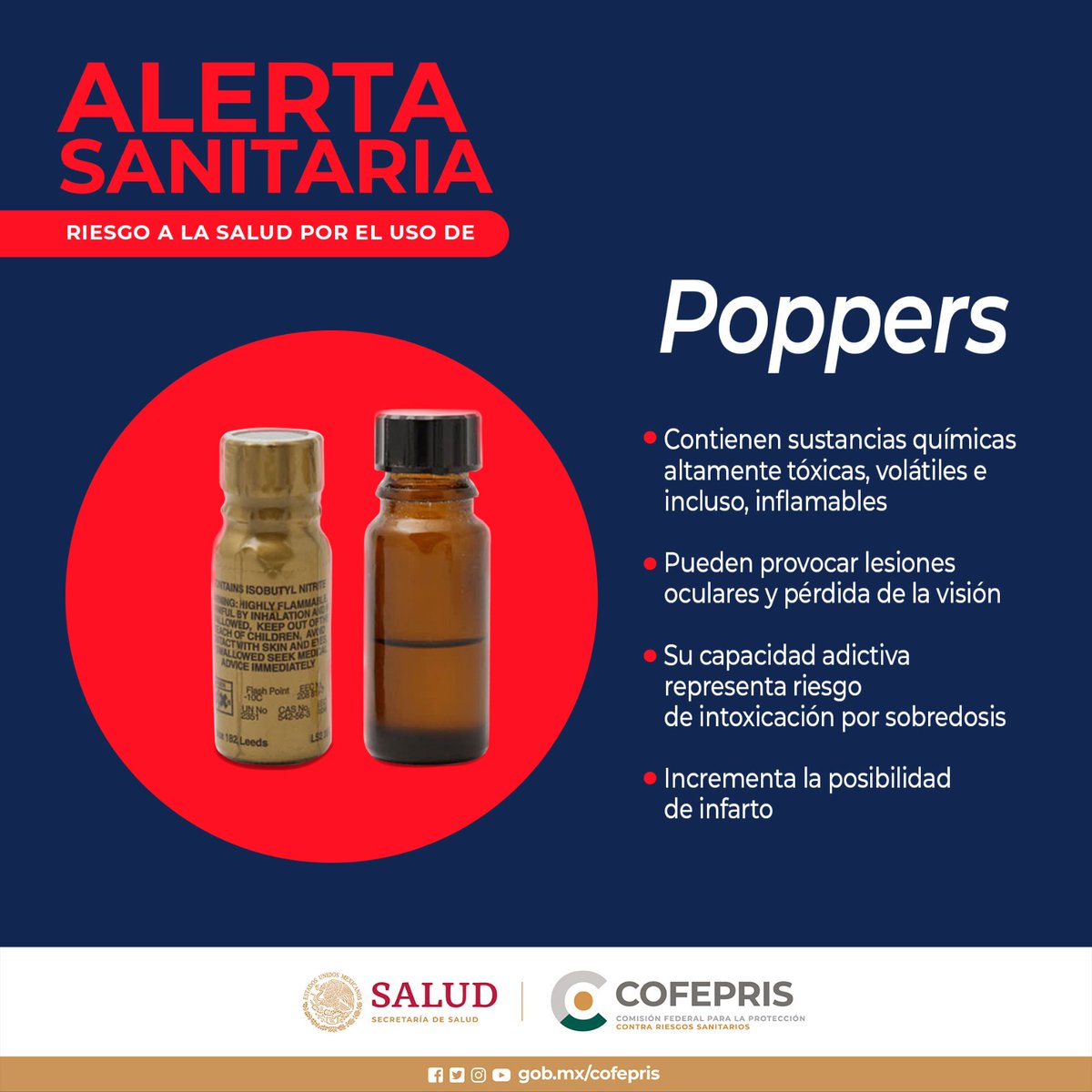 COFEPRIS's tweet photo. ¡#AlertaCofepris! 🚨

Sobre riesgos a la salud por el uso de “poppers”, usados con fines recreativos, por contener sustancias químicas altamente tóxicas, irritantes, volátiles e inflamables, además de su capacidad adictiva. 

👉https://t.co/aYaKnvNkYU https://t.co/voXLhoitDn