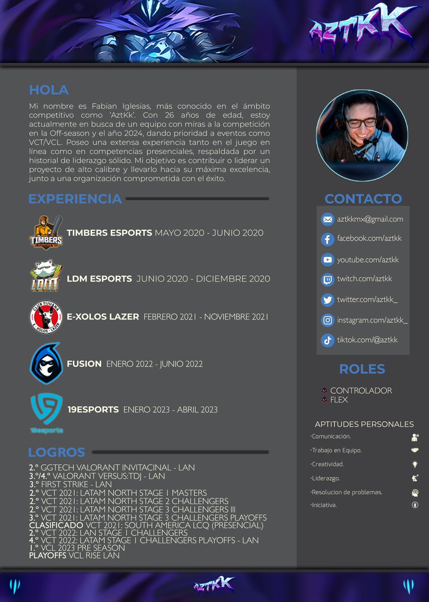 aztkk_'s tweet image. Me encuentro buscando ofertas de equipo para esta offseason y rumbo al 2024. Tengo mucha experiencia para aportar a cualquier equipo y un amplio cv que me respalda. Busco ofertas principalmente como controlador pero también abierto a Flex. Se aprecian V, ❤️ y 🔃