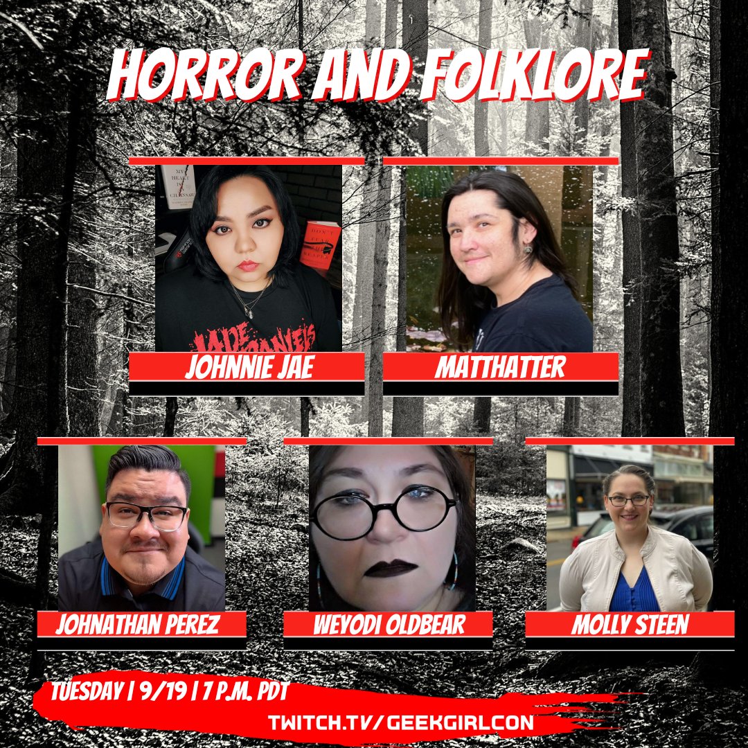 GeekGirlCon's tweet photo. We've rounded up some spooky and #folklore stories for Tuesday's stream featuring MattHatter @MattHatterPlays, Jonathan Perez @againstspooky, Johnnie Jae @johnniejae, Molly Steen @TaliInlow, and Weyodi OldBear 

https://t.co/m0qixIUPJr
(9/19)- Indigenous Folklore Panel 📓🪶 https://t.co/hKHWxLt0C7