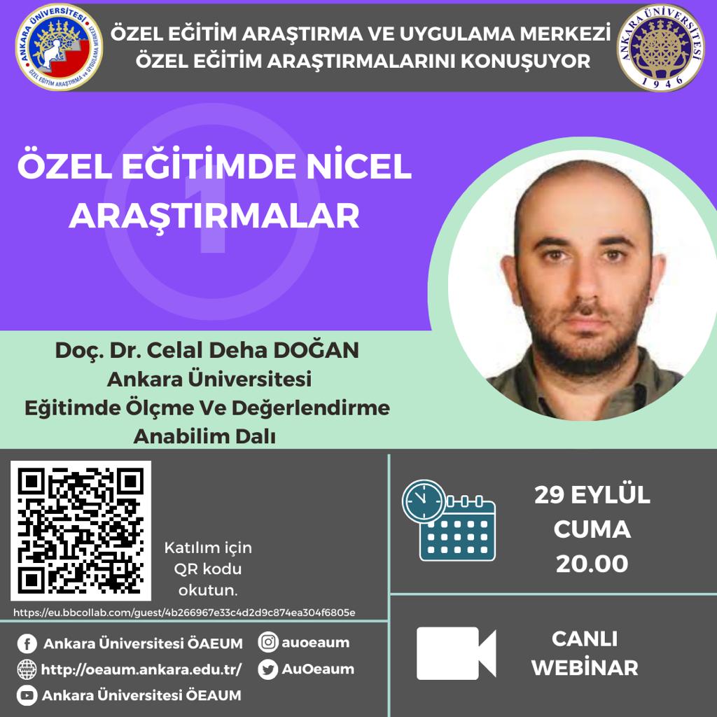 AÜ-ÖEAUM Özel Eğitim Araştırmalarını Konuşuyor 1: Özel Eğitimde Nicel Araştırmalar. Bu kapsamda düzenlediğimiz webinarlarımızdan ilki ile 29 Eylül’de sizlerleyiz. Katılmak için afişteki kare kodu ya da katılım linkini kullanabilirsiniz. Katılım linki: eu.bbcollab.com/guest/4b266967…