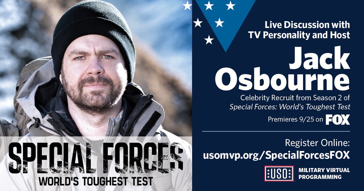 USO Northwest (@usonorthwest) on Twitter photo Tune in 9/21, at 12n EST to watch service members & military spouses have a live discussion with TV Personality and Host <a href="/JackOsbourne/">Jack Osbourne</a>, Celebrity Recruit from Season 2 of <a href="/SpecialForces/">SpecialForcesFOX</a>.
Register here: brnw.ch/21wCHA6
Watch the Season 2 trailer: brnw.ch/21wCHA5 Tune in 9/21, at 12n EST to watch service members & military spouses have a live discussion with TV Personality and Host <a href="/JackOsbourne/">Jack Osbourne</a>, Celebrity Recruit from Season 2 of <a href="/SpecialForces/">SpecialForcesFOX</a>.
Register here: brnw.ch/21wCHA6
Watch the Season 2 trailer: brnw.ch/21wCHA5