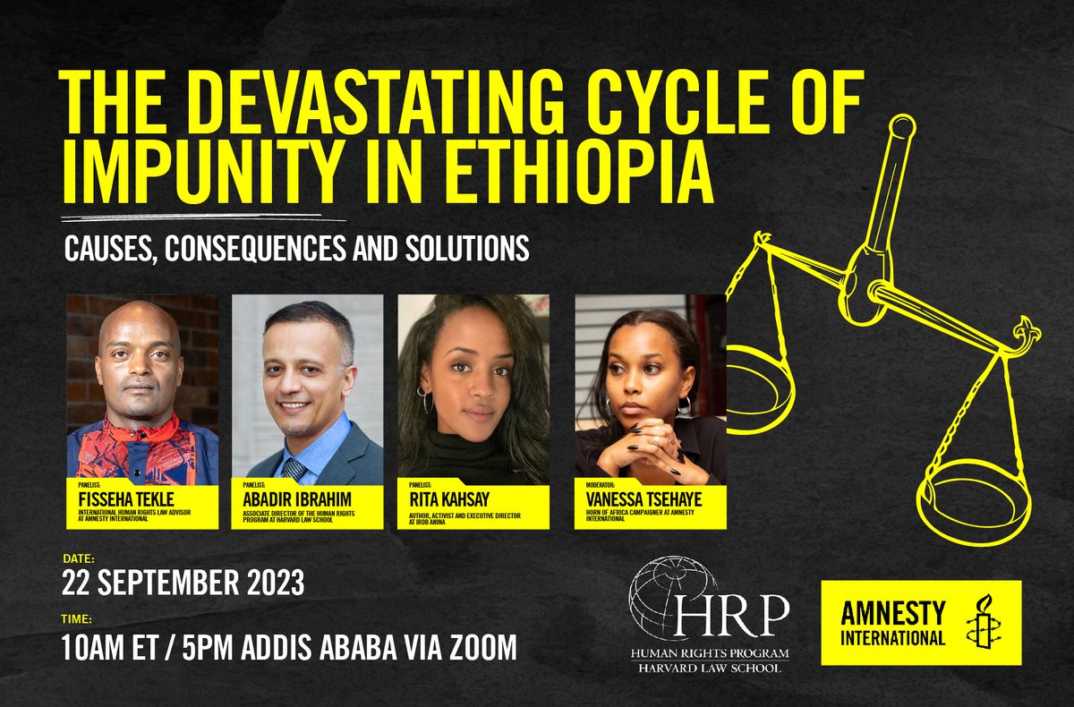 AmnestyEARO's tweet image. With the sole international justice mechanism on #Ethiopia at risk of being closed, many are raising alarms of what’s at stake if justice, once again, is sidelined.

Join our event co-organised with @HumanRightsHLS discussing these concerns and solutions: hrp.law.harvard.edu/hrp-event/the-…