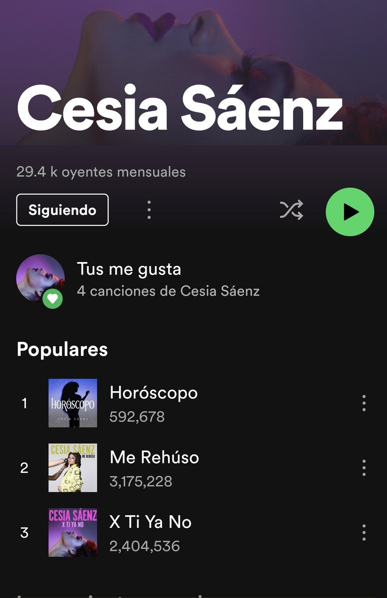 Cesia_updates's tweet photo. •ACTUALIZACIÓN SPOTIFY✅️
(17 - Septiembre - 2023)

•X TI YA NO💜= aumentó ⬆️6,625 streams. 

•ME REHÚSO💚= aumentó ⬆️8,205 streams. 

•HORÓSCOPO💙= aumentó ⬆️18,659 streams. 

¡Sigue reproduciendo y compartiendo su música!
https://t.co/Rlf99loUNV https://t.co/Xf0OzLgSl3