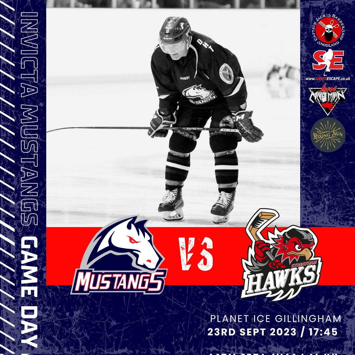 Mustangs are home this weekend!
We play <a href="/StreathamNIHL2/">Streatham Black Hawks</a> on Saturday 23rd September, face-off 5.45pm
Don't miss this game! 
Get down to <a href="/Gillingham_Rink/">Gillingham Ice Rink</a> and support the team.