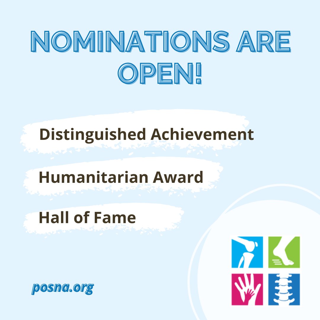 Do you know a #POSNA member who should be recognized for service and contributions above and beyond the usual? Nominate individuals for the 2024 Distinguished Achievement Award, Humanitarian Award, and POSNA Hall of Fame. *Members, please check your email for nomination links
