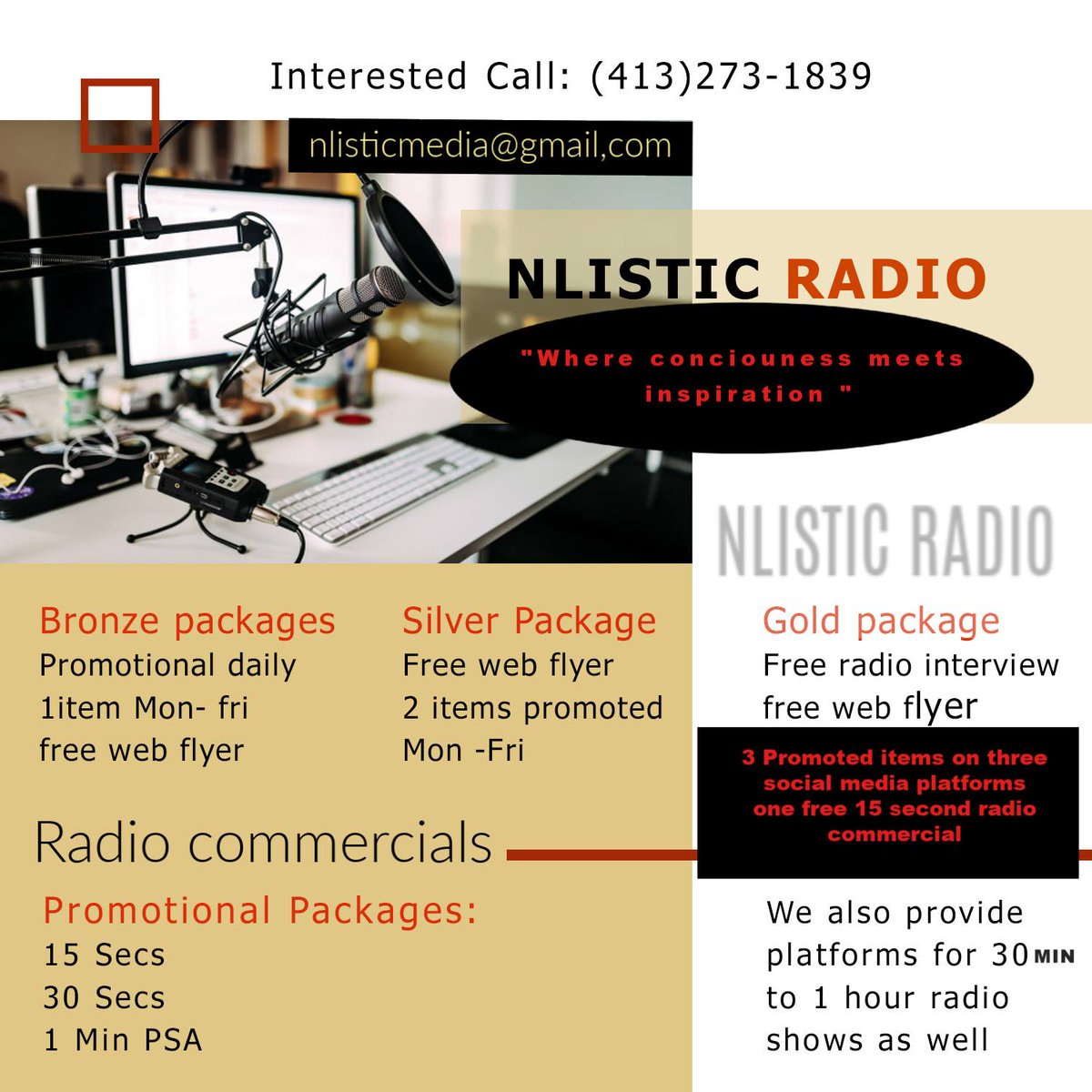 Need promotional services? Check out our packages, call or email for more information.
#NLISTICRADIO #radiopromotion #RadioMarketing #internetradio