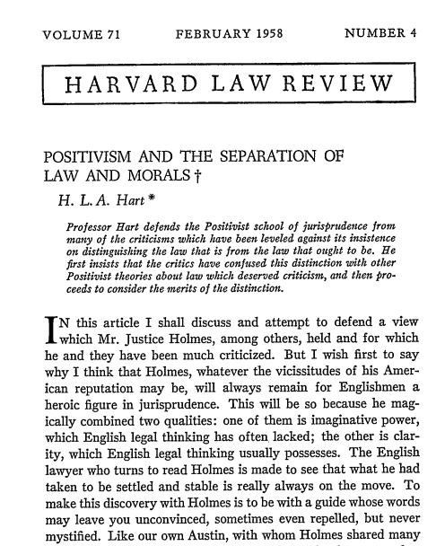 One of our most downloaded articles on Sunday was titled Positivism and the Separation of Law and Morals by H.L.A. Hart found in the @HarvLRev back in 1958. Check it out here: tinyurl.com/yks6fk9t