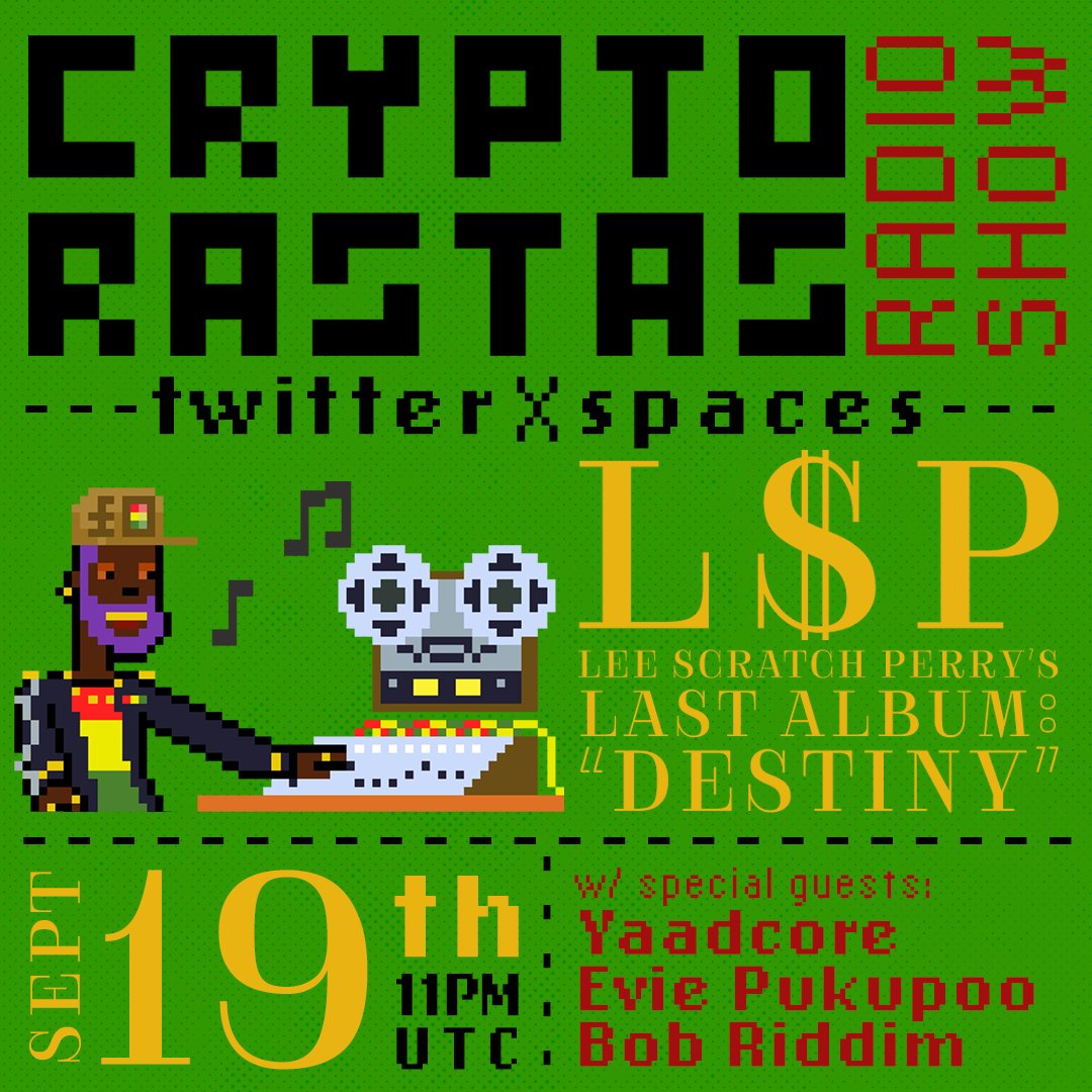 This Tuesday 19th, we have another CR Radio Show on Twitter Spaces! This one is special to present 
<a href="/ScratchLee/">Lee Scratch Perry</a>'s latest album - “Destiny”
Music + Talk, with guests <a href="/BobRiddim/">Bob Riddim</a> <a href="/iAmYaadcore/">Yaadcore</a> <a href="/iampukupoo/">Everaldo EviePuku Creary</a> and you!
Share this and invite your frens!
x.com/i/spaces/1YqJD…