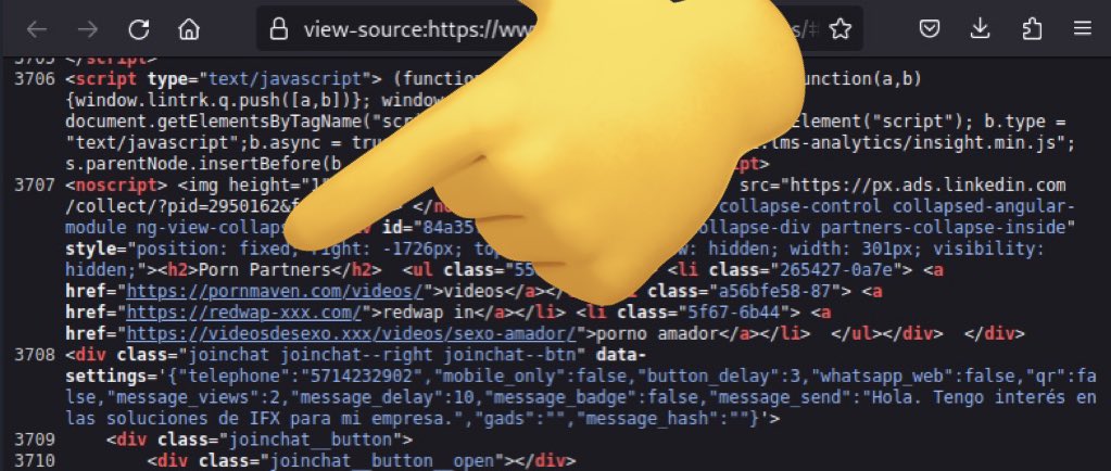 hyperconectado's tweet image. Jajajja pillen. Persona que gusta del análisis se puso a revisar el código del comunicado de Ifx y encontró que tiene links a porno ifxnetworks.com/updates/ usted mismo puede comprobarlo  fila 3707 😈 (ustedes están trabajando, no visitando esos sitios)