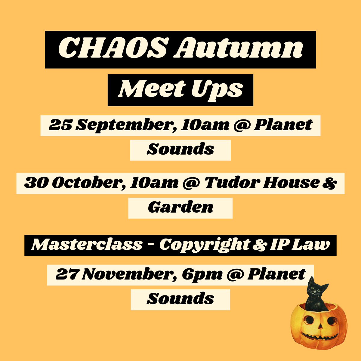 🥐 Our next meet on Monday 25 Sept @ Planet Sounds ⭐️ We’re also holding our first CHAOS Masterclass in November! ⚡️Book your free place for our meet ups and masterclass here 👇 chaosnetwork.org.uk/meetings/