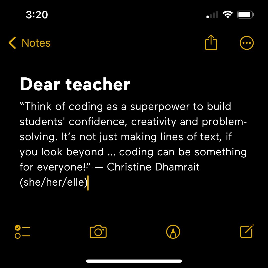 learningcode's tweet image. 🗒️ Dear teacher. Happy #ScienceLiteracyWeek. Thanks to your hard work, the next generation will be ready to take on our increasingly digital world with the skills they need to thrive. Swipe to read some messages from our code squad to you 💛 #TeachersLearningCode #CanEd #CdnEd