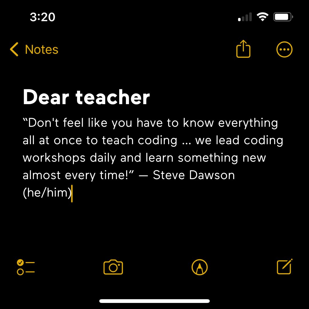 learningcode's tweet image. 🗒️ Dear teacher. Happy #ScienceLiteracyWeek. Thanks to your hard work, the next generation will be ready to take on our increasingly digital world with the skills they need to thrive. Swipe to read some messages from our code squad to you 💛 #TeachersLearningCode #CanEd #CdnEd