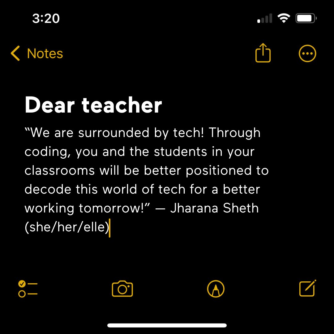 learningcode's tweet image. 🗒️ Dear teacher. Happy #ScienceLiteracyWeek. Thanks to your hard work, the next generation will be ready to take on our increasingly digital world with the skills they need to thrive. Swipe to read some messages from our code squad to you 💛 #TeachersLearningCode #CanEd #CdnEd