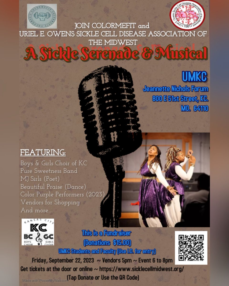 UEOSickleCell's tweet photo. Happy Missouri #SickleCellAwarenessWeek! To celebrate, educate &amp; raise funds for #sicklecell, we're joining @UMKC's ColorMeFit for A Sickle Serenade, FRIDAY 9/22! Music, Dance, Poetry, The Color Purple 2023 performers, get your 🎟️🎟️ now! https://t.co/yf5WJwWV7d
#sicklecellmidwest https://t.co/8RvRPHs9td