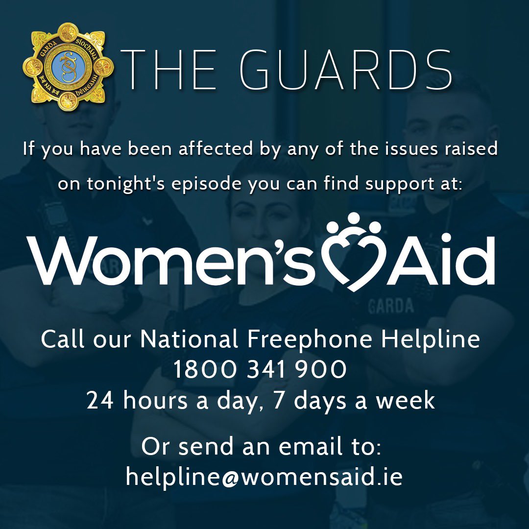 Tonight’s episode of #TheGuards provides an indepth look at Domestic Abuse and Coercive control in Ireland. 

If you or someone close to you is affected by the issues raised in tonight's episode - please remember that you are not alone.