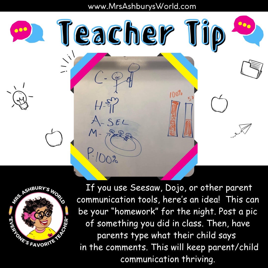 📚 Teacher Tip  🍎

Looking for an engaging way to connect with parents using #Seesaw, #ClassDojo, or other parent communication tools? Here's a fun idea for #homework! 💡 

#mrsashburysworld #authorrekiabeverly
#mrsashbury