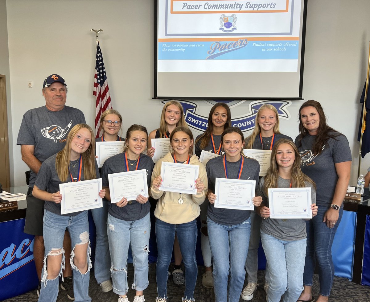 switzsc's tweet photo. At tonight’s board meeting, our girls golf team @switzsc was recognized for placing 2nd in the sectional. This is the first time in school history that our Lady Pacers are headed to the regional! Congratulations, ladies! #PacerPride https://t.co/QVYaDtBhF7