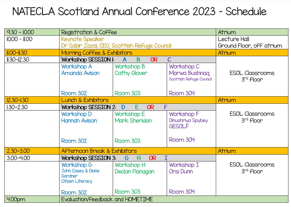 NATECLA SCOTLAND'S ANNUAL CONFERENCE BOOKING LINK IS NOW LIVE!
Sat 4th Nov 2023 - Head over to our web page to see details of our speakers and their workshops AND to book your spot: nateclascotland.wordpress.com/conference-201…
We can't wait to welcome you to Dundee in Nov!
#esol #esolconf #cpd
RT