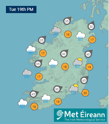 Dull &amp; damp tomorrow with fresh to strong &amp; gusty SW winds🍃 extending countrywide, becoming very strong later in western coastal areas🌬️.

Rain &amp; drizzle🌧️ will continue through the day, most persistent in the W &amp; N with occasional heavy falls possible☔️.

Highs🌡️ of 16 to 20°C.