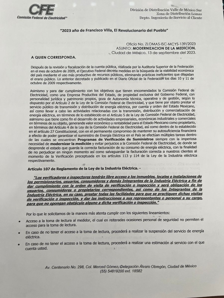 LosSecretos2's tweet photo. @CFE_Contigo Nos dejaron este "ofico" en nuestro domicilio. Se me hace muy sospechoso e intimidatorio. Me pueden aclarar si es por parte de ustedes? No está dirigido a alguien en particular https://t.co/rongqclgov