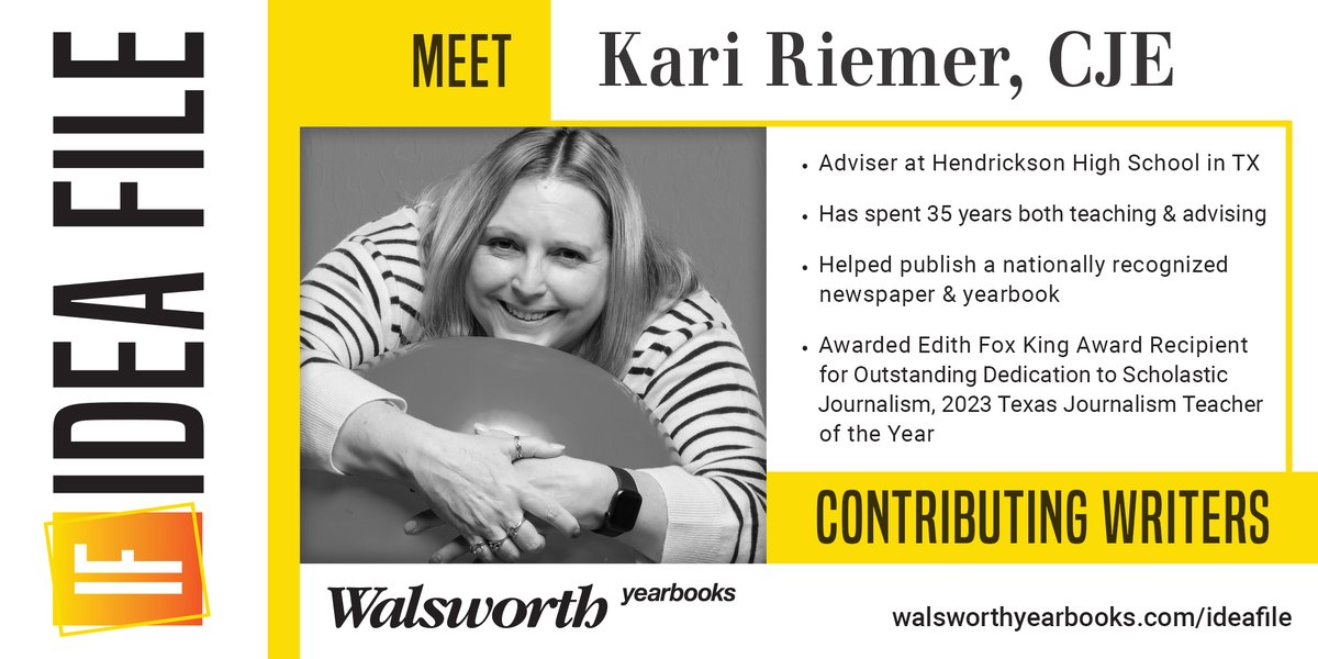 yearbookforever's tweet photo. Meet Kari Riemer, CJE, one of the contributing writers for Idea File magazine! Her article, “Let the Pictures Tell the Story,” is featured on page 8. Prepare to create spreads that wow with her photography tips! #Walsworth #Yearbooks #IdeaFile https://t.co/Iw6CSjvuYf
