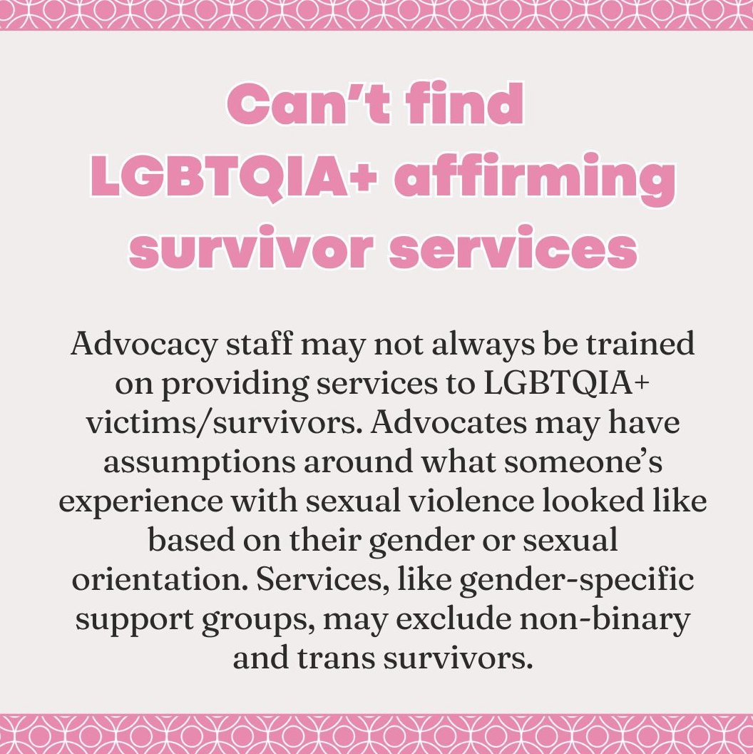 LGBTQ+ survivors often experience additional barriers to seeking services after experiencing violence. This post from <a href="/MNCASA1/">MNCASA</a> includes some of the many reasons that trans, nonbinary, and LGBTQ+ survivors might not reach out for help. #TransSurvivors #LGBTQSurvivors #Trans