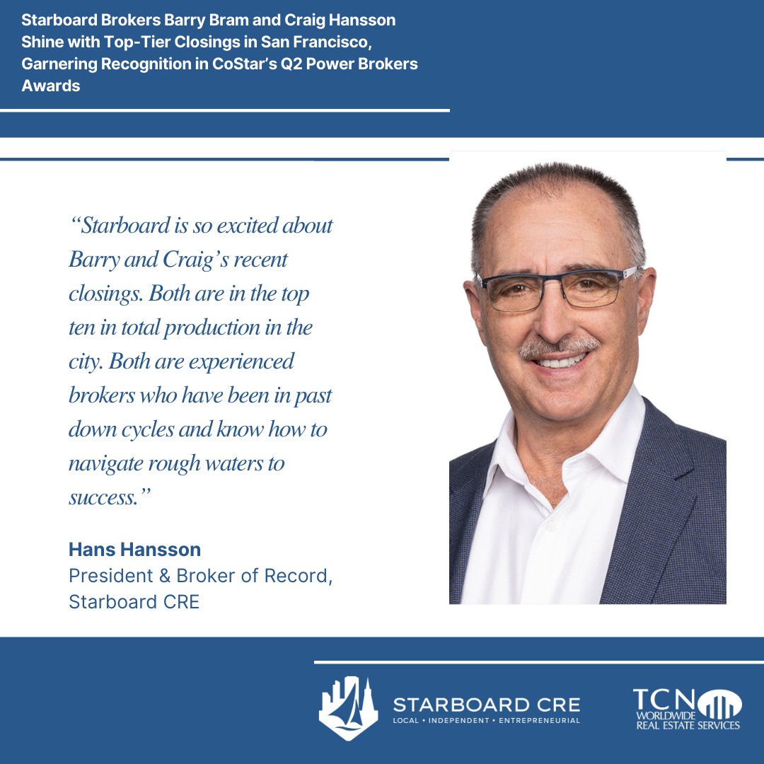 TCN Worldwide is thrilled to celebrate the recent closings achieved by Barry and Craig at our San Francisco affiliate, Starboard Commercial. They have earned their well-deserved positions in the city's top ten for total production.