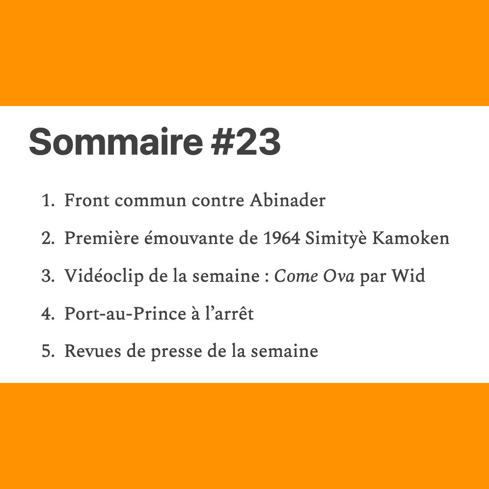 Tèt ansanm kont #Abinader, pwojeksyon fim #1964SimityèKamoken, #Wid sou yon rit #Andybeatz, epi lavi kanpe nan #Pòtoprens. Tout sa yo ak lòt ankò nan HAÏTI MAGAZINE #23 pa <a href="/DeyeMonEnfo/">Dèyè Mòn Enfo</a>. Lenk nan byo.