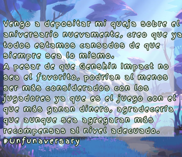 Tampoco estamos pidiendo algo de otro mundo, con solo el aumento de resina ya hacen la gran diferencia
#Unfunaversary #Genshi