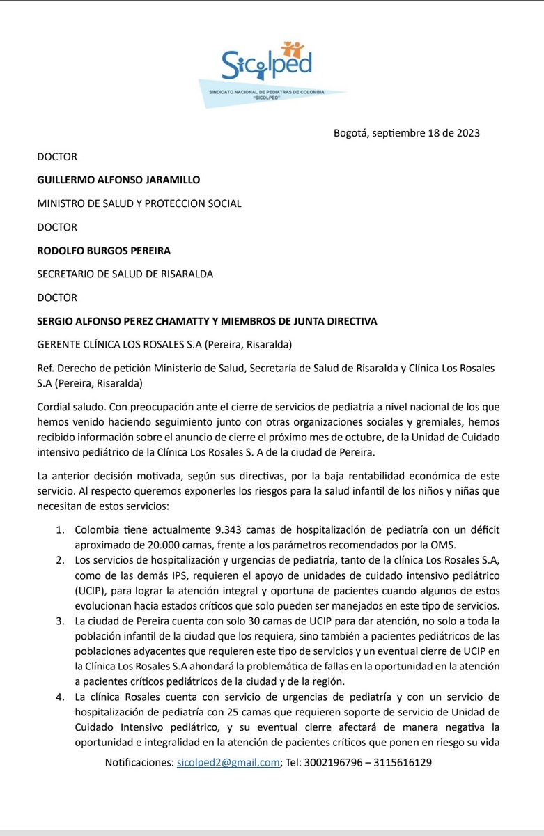 Sicolped1's tweet photo. Lamentable que hoy tengamos que advertir el anuncio de cierre de otro servicio de pediatría en la Clinica Los Rosales S.A de pereira. Urge a @MinSaludCol @GA_Jaramillo tomar medidas para evitar este y otros cierres. @Losrosalescl @ssaludrisaralda derecho de petición público 👇 https://t.co/5gRBHcvizF