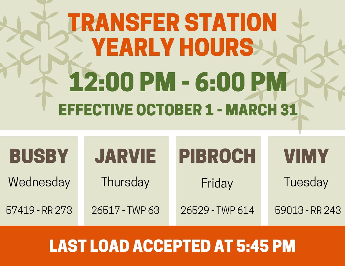 Westlock County transfer stations will resume winter hours effective October 1st.
Jarvie Transfer Station will be open only on Thursday during the winter.