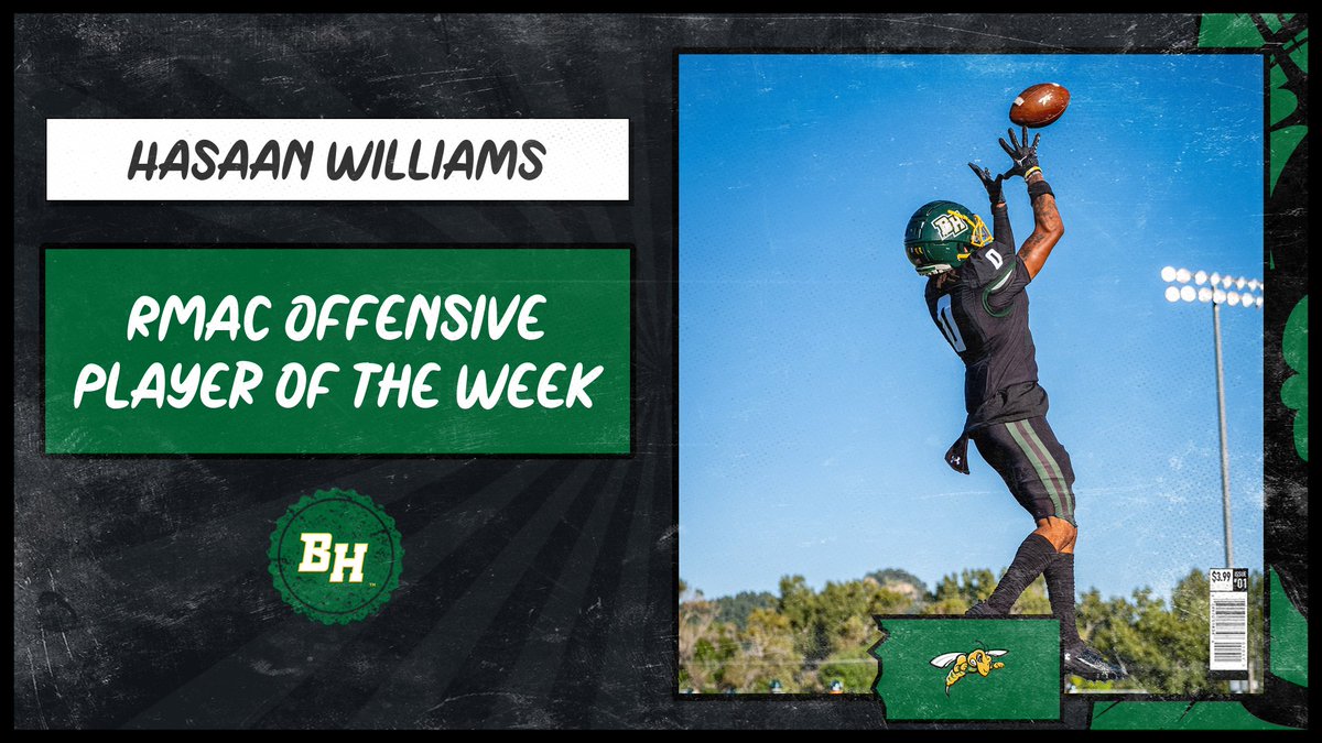 BHSUFB's tweet photo. Hasaan Williams is your Week 3 RMAC Offensive Player of the week!

In his BHSU record-setting game in Saturday's 55-19 win, he totaled:

🏈 4 receiving touchdowns
🏈 246 receiving yards
🏈 8 catches

📰 -> https://t.co/qlwrbIJme0

#WEoverME x #PlayInTheHills https://t.co/WULjCrRG1b