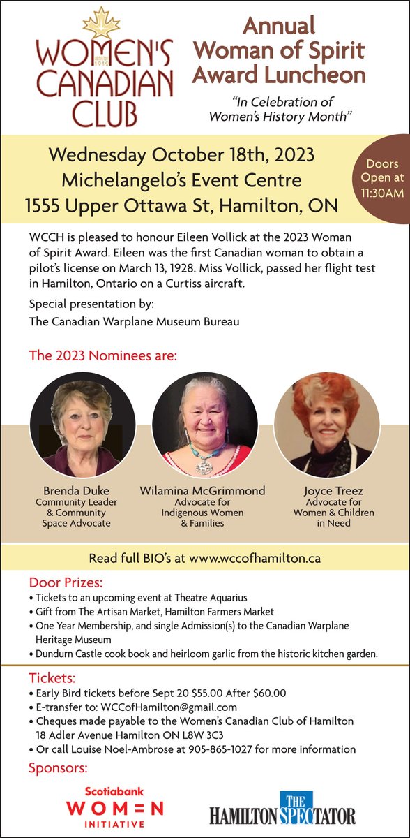 Friendly reminder that early bird tickets sale ends THIS Wed, Sept 20th at Midnight for Woman of Spirit Award Luncheon. $55 pp via e-transfer to wccofhamilton@gmail.com. All early bird purchasers are eligible to win door prizes. See prizes listed in adv. PRT
