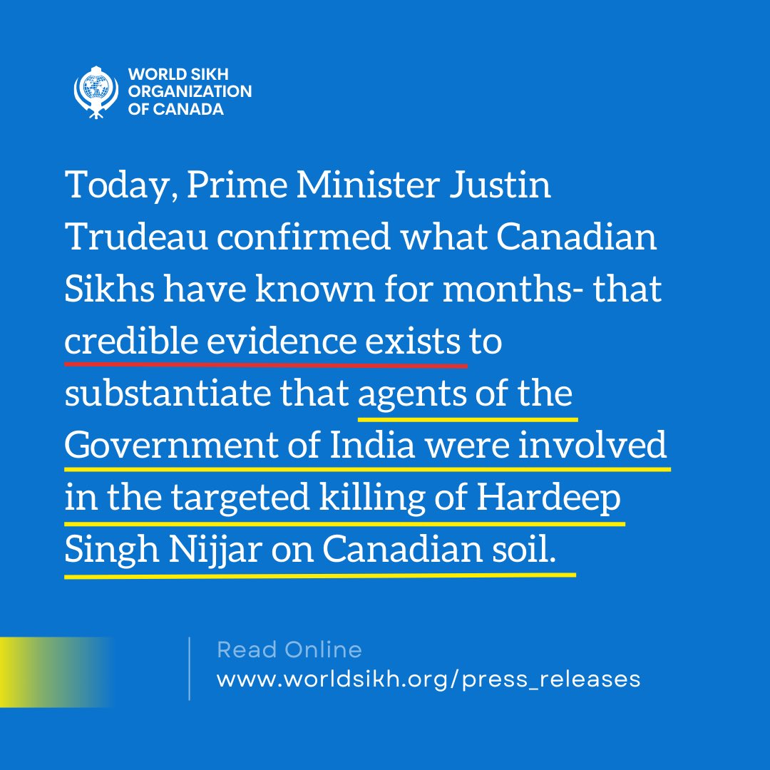WorldSikhOrg's tweet photo. BREAKING NEWS: WSO CONDEMNS THE GOVERNMENT OF INDIA’S INVOLVEMENT IN THE KILLING OF CANADIAN SIKHS ON CANADIAN SOIL

🔗https://t.co/CozYfo0Bar 

Today, Prime Minister Justin Trudeau confirmed what Canadian Sikhs have known for months- that credible evidence exists to substantiate that agents of the Government of India were involved in the targeted killing of Hardeep Singh Nijjar on Canadian soil.

#ForeignInterference #GOI #CanadianSikhs