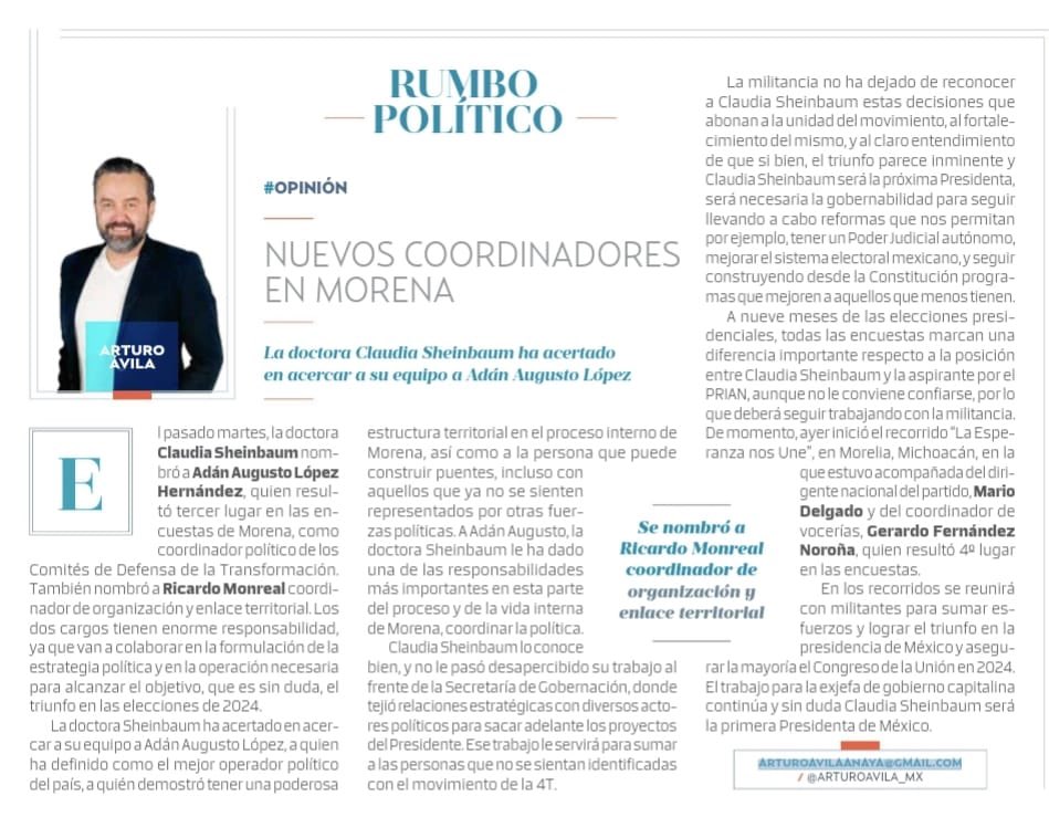 arturoavila_mx's tweet photo. Nuevos coordinadores en Morena, mi columna en el @heraldodemexico 👉🏻 https://t.co/wpYegBXwmZ https://t.co/F7SnGjmE64
