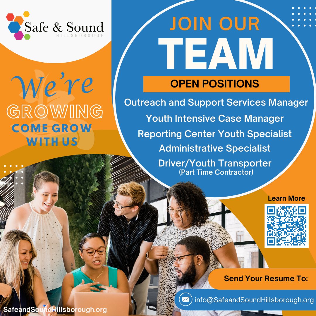 We're growing! Come grow with us. Lean more via safeandsoundhillsborough.org/career-opportu…

#SafeSoundHillsborough #JoinOurTeam