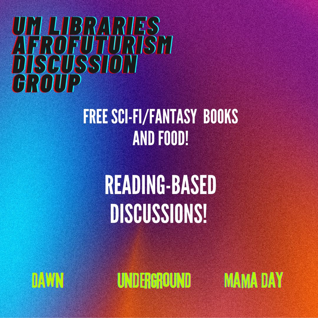 UMLibraries's tweet image. Interested in joining our Afrofuturism 
Discussion Group? There&apos;s only 15 spots available! 
Want more information about the group? Fill out this 
form: forms.gle/S51hHmyLyRETiQ…
Questions can be directed at (662)915-3224 or 
dntownse@olemiss.edu