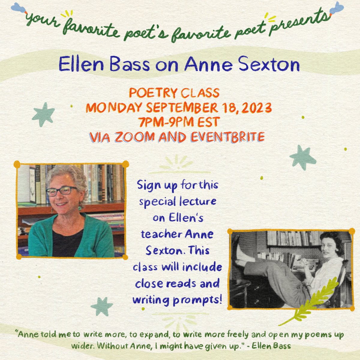Tonight at 7 pm Eastern | 4 pm Pacific I will be talking about my teacher, Anne Sexton, in a poetry class hosted by Emily Sernaker. There is still time to register at: rb.gy/cx6g5 #poetrylovers