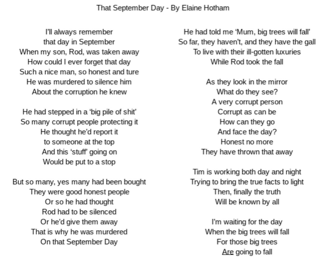 MaineGirl1717's tweet photo. Here’s a poem written by Rod Hotham’s 94 year old Mother. Wouldn’t it be wonderful if this poor lady who’s been suffering for years, saw justice? 🙏 #Maine #JusticeForRodHotham #RodHotham #BigTreesAreGoingToFall https://t.co/Cpbq86Ya4Z