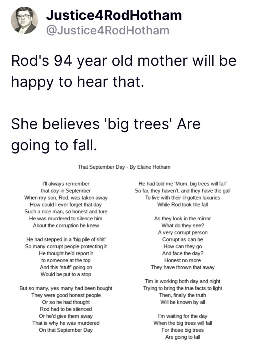 MaineGirl1717's tweet photo. Here’s a poem written by Rod Hotham’s 94 year old Mother. Wouldn’t it be wonderful if this poor lady who’s been suffering for years, saw justice? 🙏 #Maine #JusticeForRodHotham #RodHotham #BigTreesAreGoingToFall https://t.co/Cpbq86Ya4Z