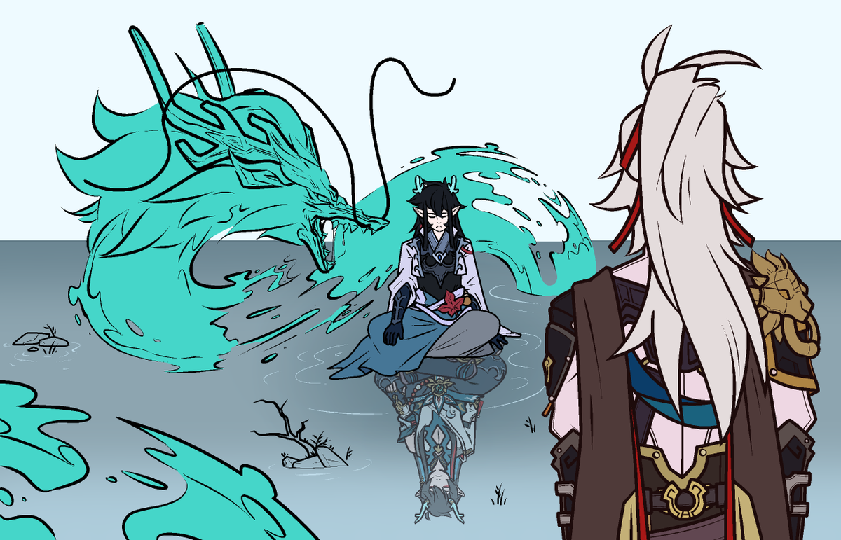 Harleorah1's tweet photo. "In the dim abyss devoid of light, he seemed to have returned to the insides of a Vidyadhara egg, being ceaselessly churned in tumultuous waves and elusive dreams" #ImbibitorLunae #FanArtContest https://t.co/cmqegGkqrV