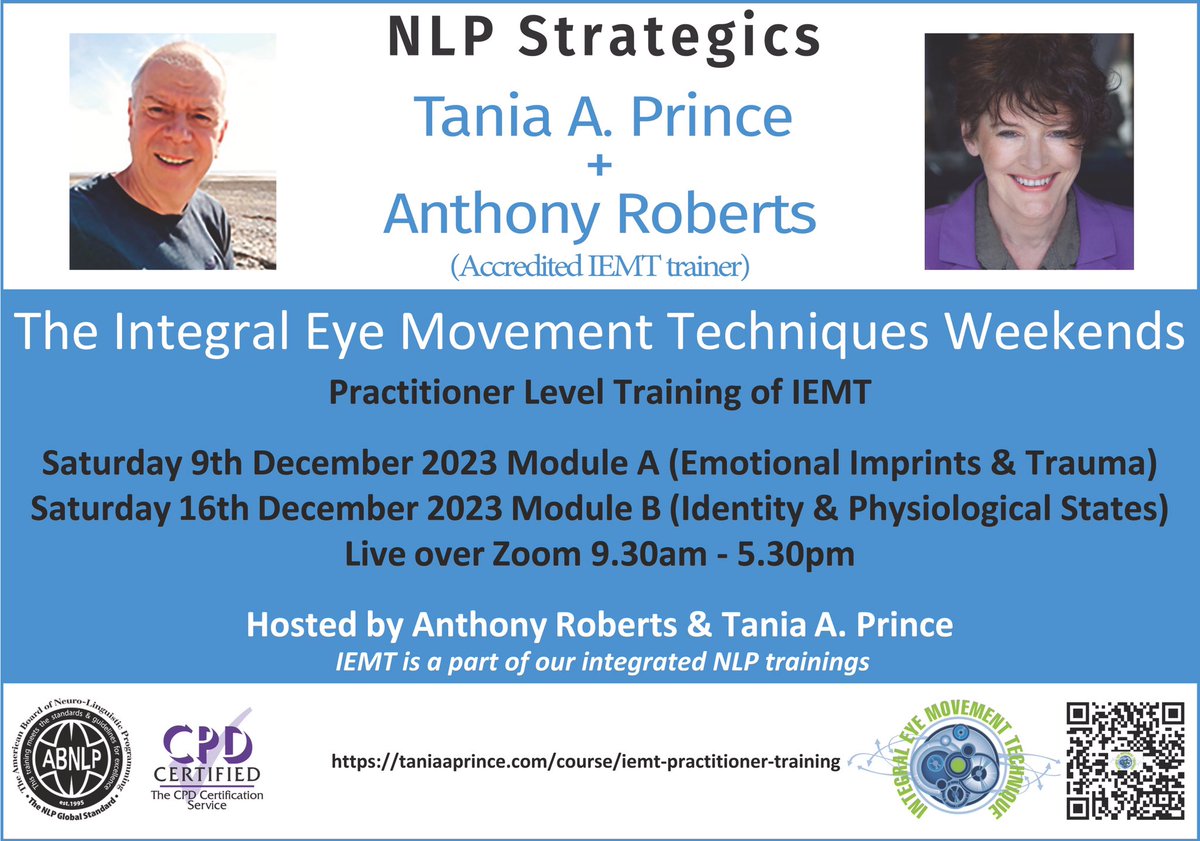 AnthonyRobertHy's tweet photo. NLP Strategics IEMT training which also counts as 14-hours CPD, this is delivered online over 2 weekends, which allows you to get some in-person practice between each module and includes a group feedback follow-up after the completion of the course.
https://t.co/pnunHXKSgU
#IEMT https://t.co/9om27dgHH6