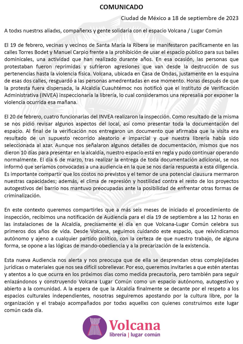 volcanalugarcom's tweet photo. COMUNICADO

Frente a lo sucedido en febrero de este año donde Volcana Lugar Común resguardó a las personas que fueron amedrentadas por usar el espacio público para los bailes dominicales, a más seis meses, recibimos una notificación de Audiencia para el día 19 de septiembre https://t.co/eSFUqLR1lj