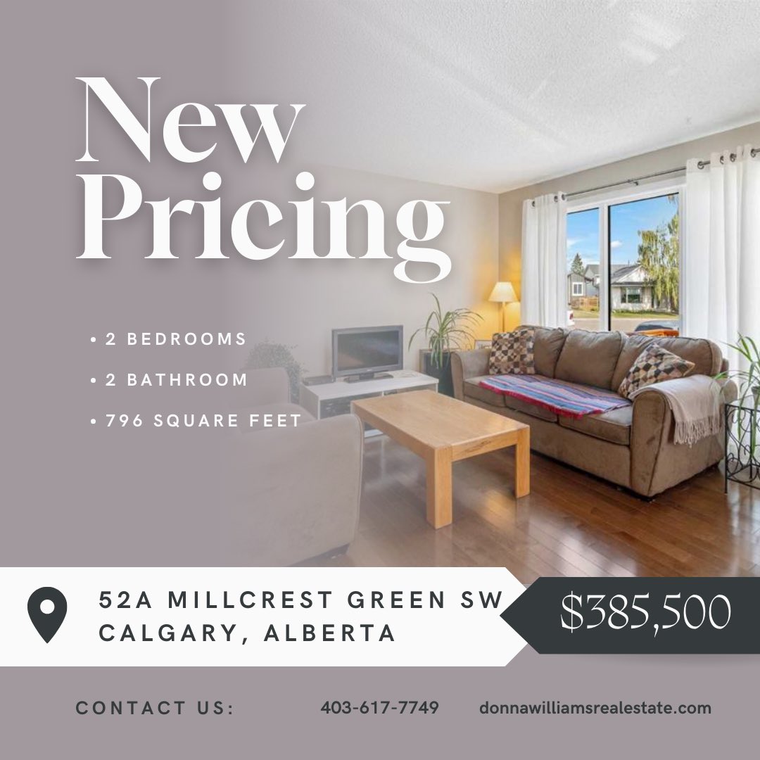 NEW PRICING!!!

Now listed at $385,500
📍52A Millcrest Green SW - Calgary

Donna Williams
403-617-7749

#calgary #yyc #yycliving #calgaryhome #yycre #yycrealty #calgaryalberta #calgaryrealestate #yycrealtor #calgaryhomes #calgary #remax #remaxcalgary #calgarycondos #millrise