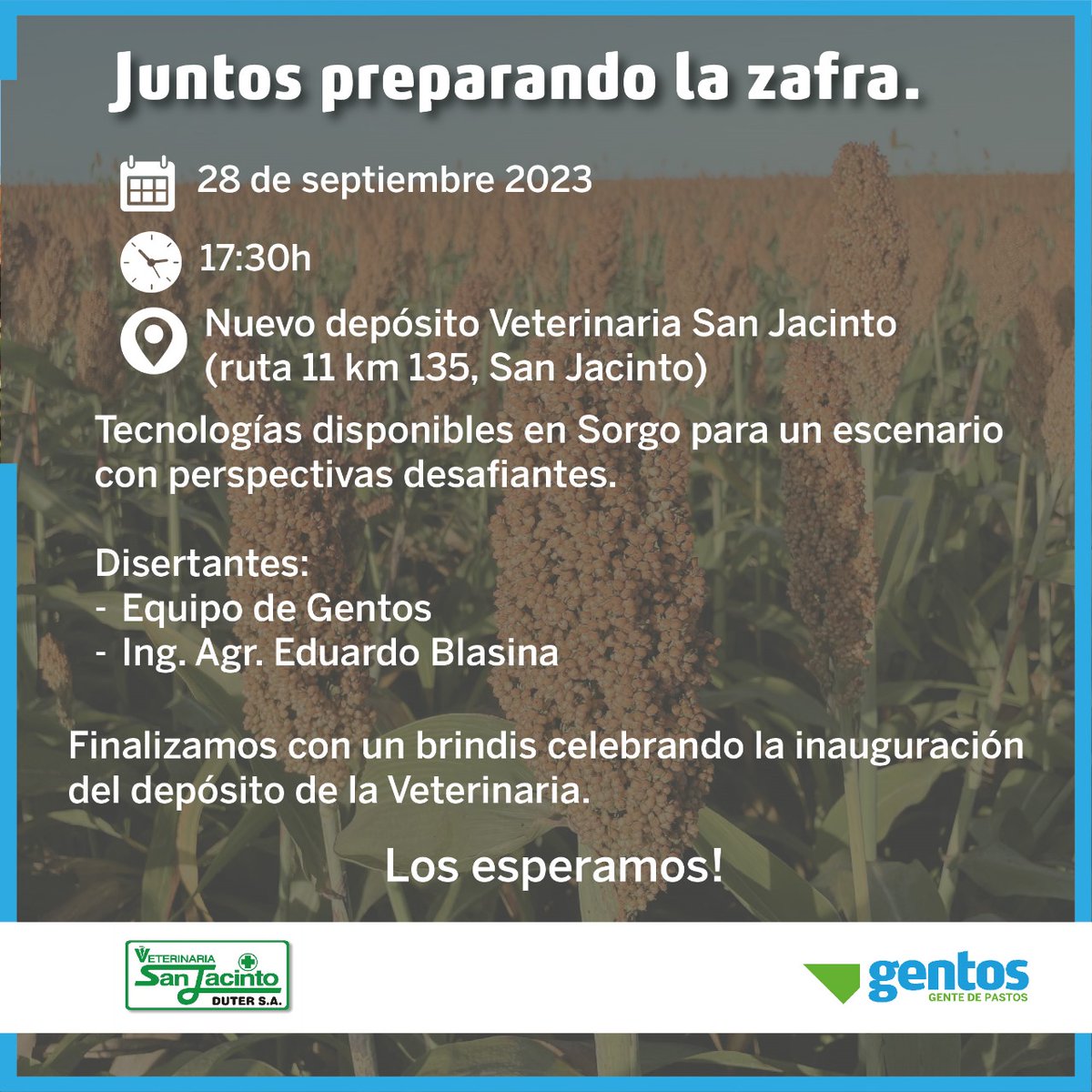 Linda actividad con los amigos de <a href="/VETERINARIASAN9/">VETERINARIA SAN JACINTO</a> inaugurando su nuevo Depósito.
 SorgoGL 4370 #TolerantePulgónAmarillo. 
Nos acompaña #Blasina con una interesante charla como nos tiene acostumbrados. 
🗓️28 set 
🕖17:30hs
📍Ruta 11 km 135, San Jacinto.
<a href="/GentosUy/">Gentos Uruguay</a> 
<a href="/joakoest7/">Joaquin Estevez</a>