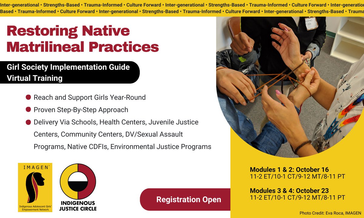 Hey #NativeTwitter - thinking about creating a Native Girl Society? Join the Indigenous Justice Circle (IJC) and #Indigenous Adolescent Girls’ Empowerment Network (IMAGEN) for our #Girl Society Implementation Guide #Training. 
Learn more and register here: secure.givelively.org/event/panorama…