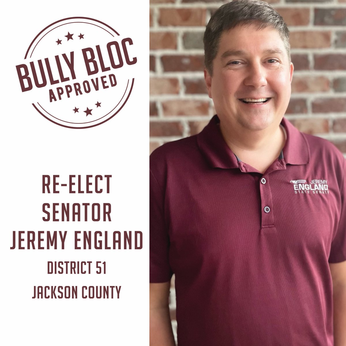 Bully Bloc endorses @JeremyEnglandMS for re-election in Jackson County. Senator England graduated from MSU in 2005. He serves as the Vice Chair of Jud B. He is a huge supporter of MSU & higher education, and he rings his cowbell in the senate chamber every chance he gets!